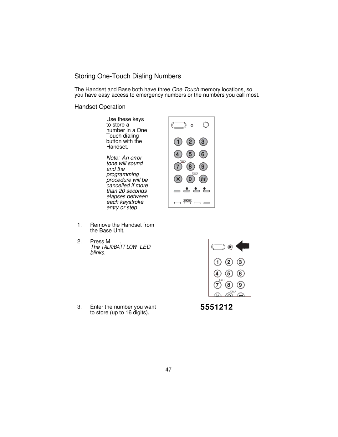 Uniden XC3545 important safety instructions Storing One-Touch Dialing Numbers, Handset Operation 