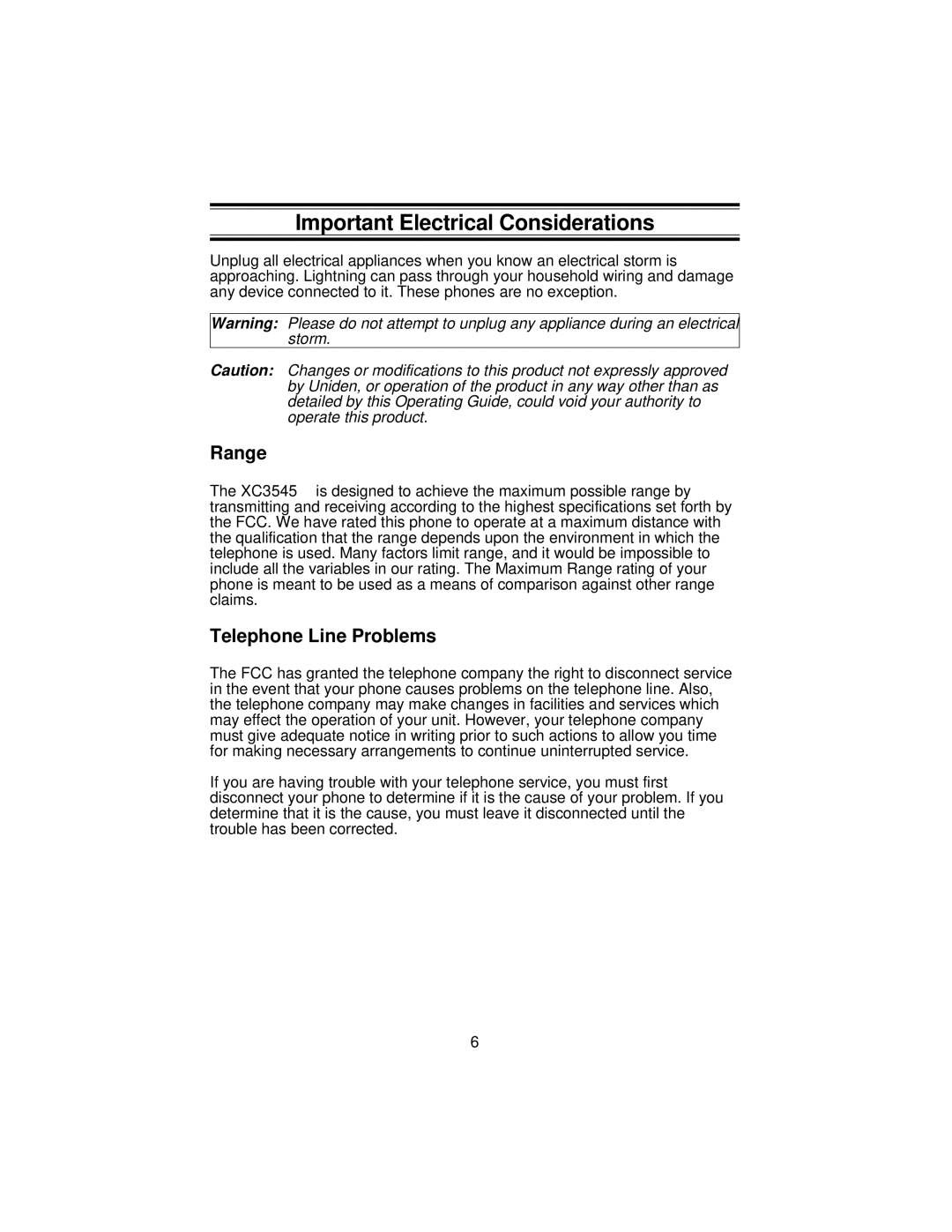 Uniden XC3545 important safety instructions Important Electrical Considerations, Range, Telephone Line Problems 