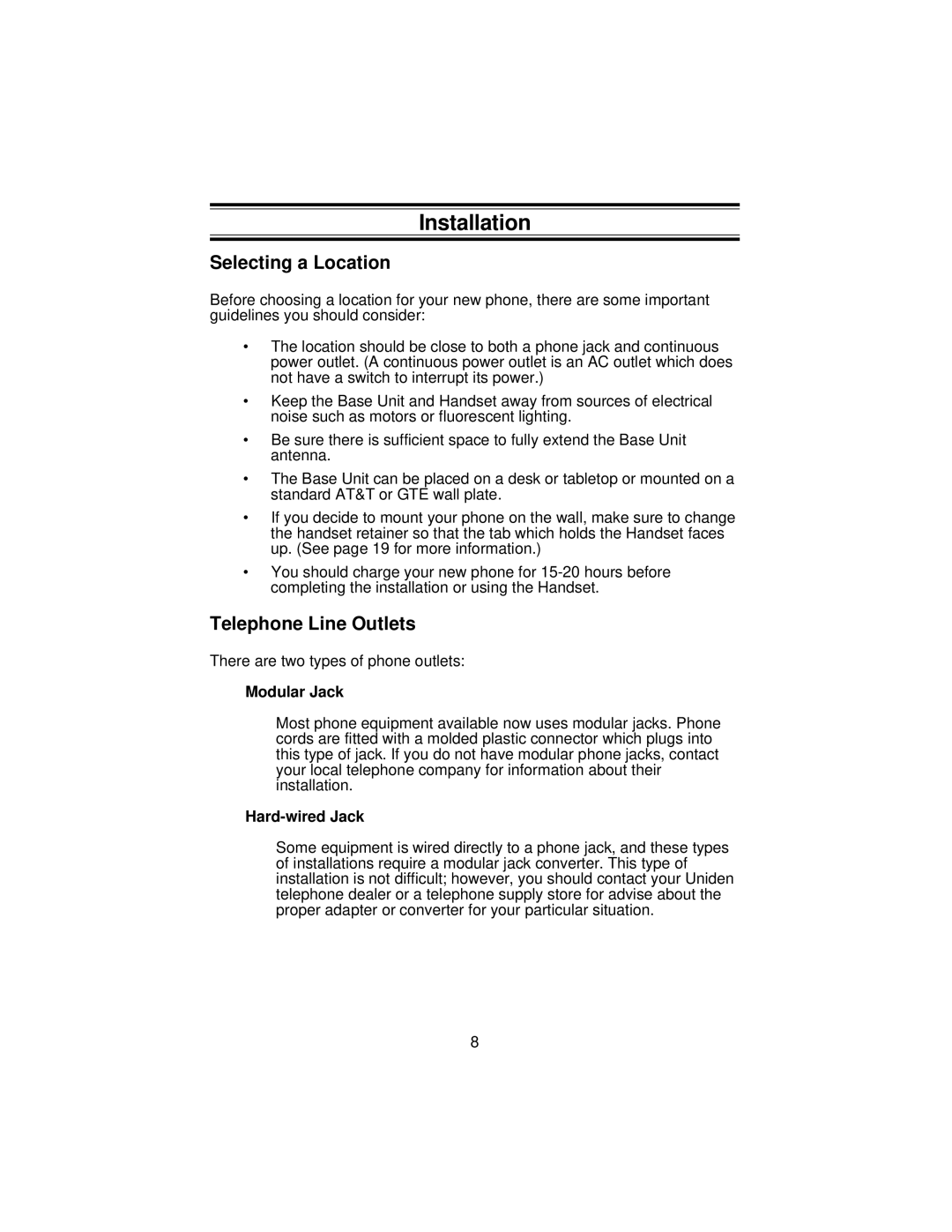 Uniden XC3545 important safety instructions Installation, Selecting a Location, Telephone Line Outlets 