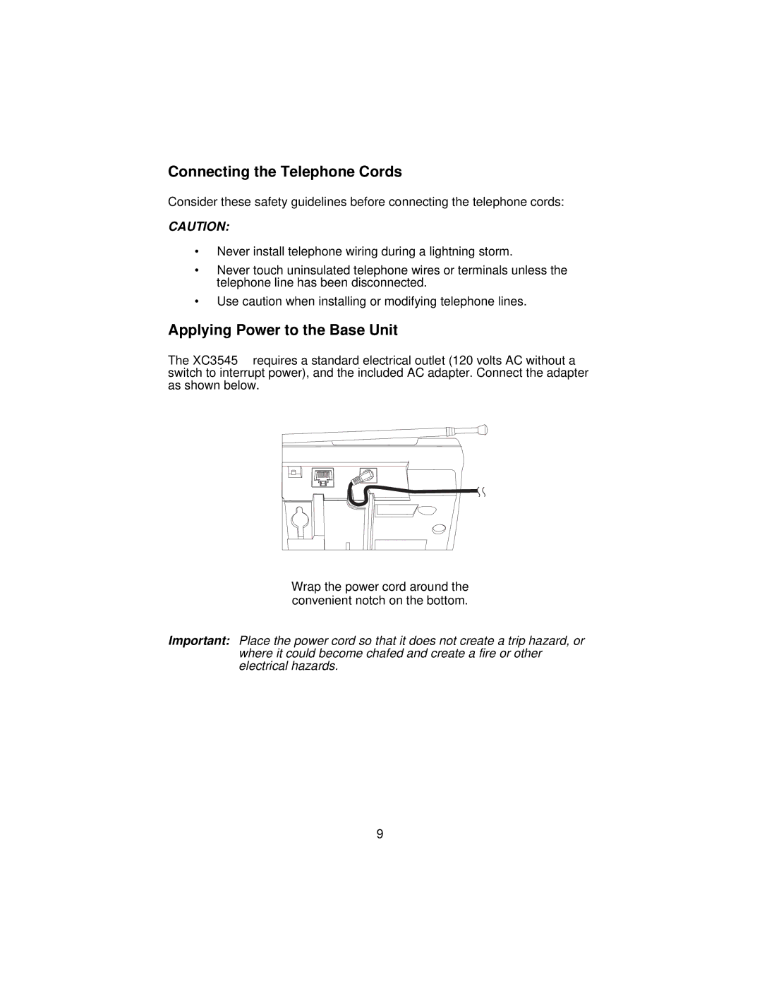 Uniden XC3545 important safety instructions Connecting the Telephone Cords, Applying Power to the Base Unit 