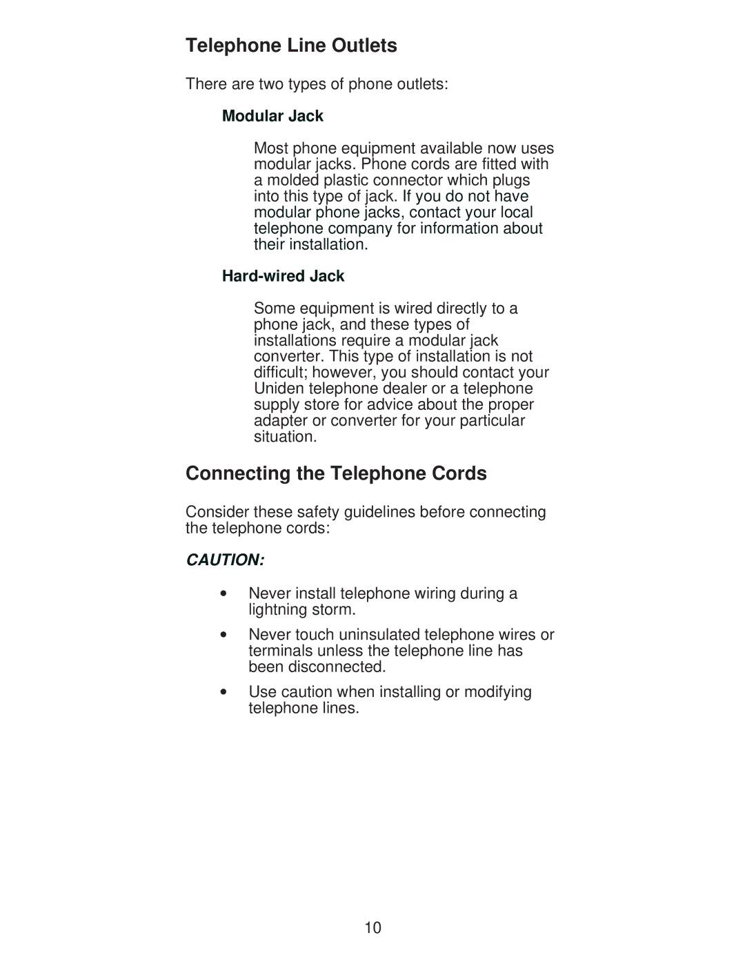 Uniden XC600/700 important safety instructions Telephone Line Outlets, Connecting the Telephone Cords 