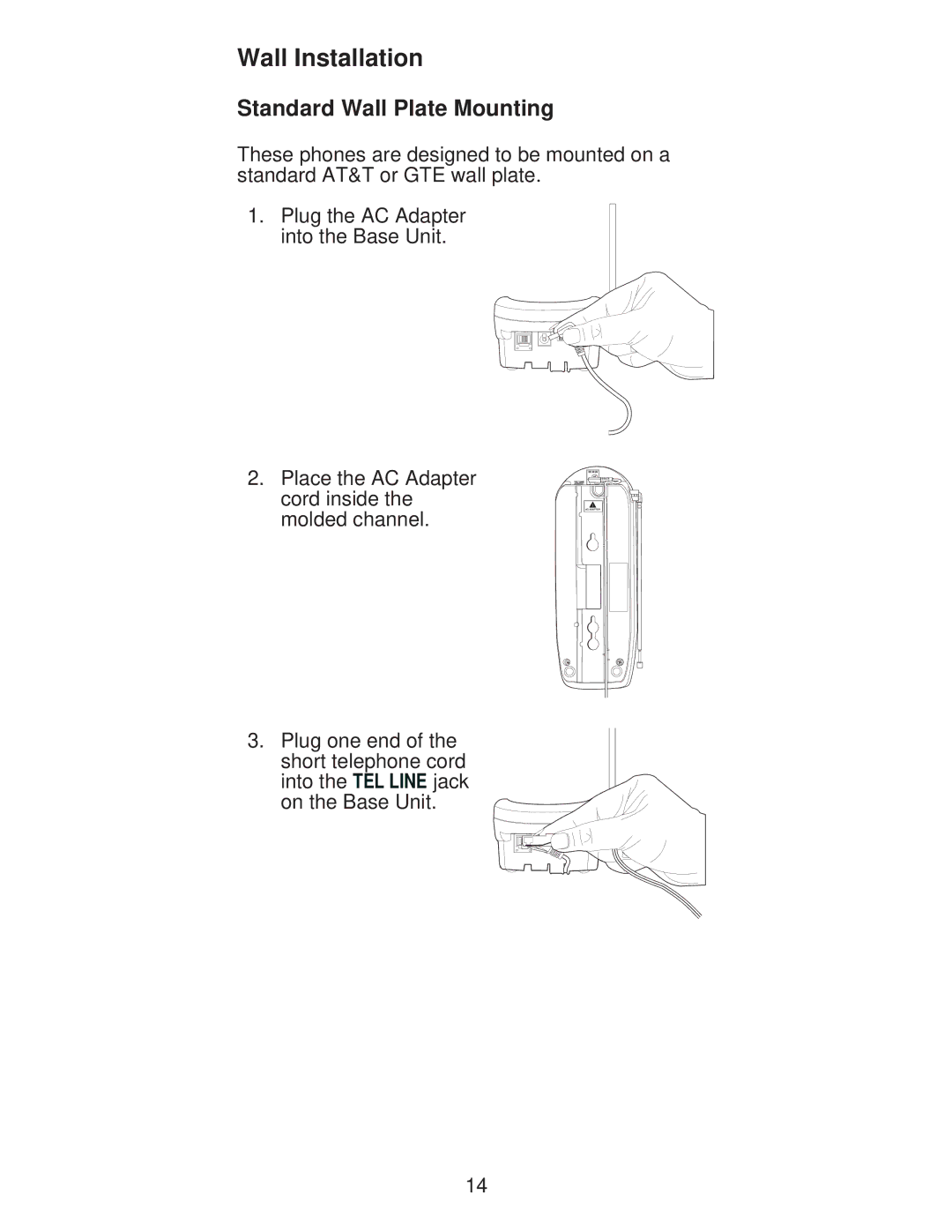 Uniden XC600/700 important safety instructions Wall Installation, Standard Wall Plate Mounting 