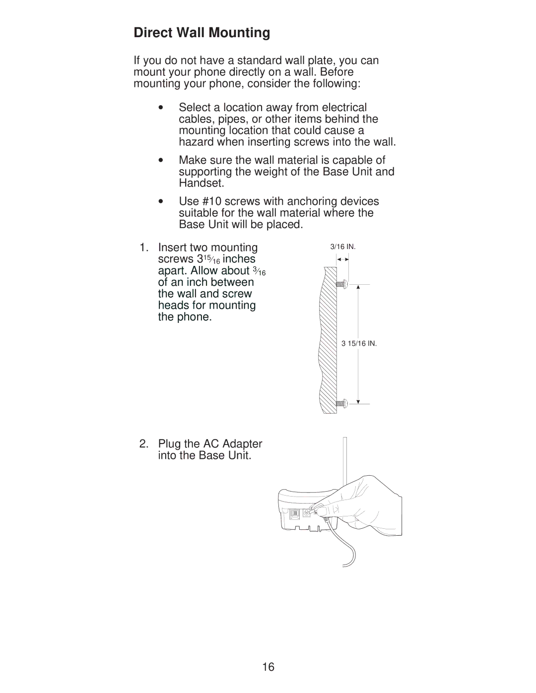 Uniden XC600/700 important safety instructions Direct Wall Mounting 