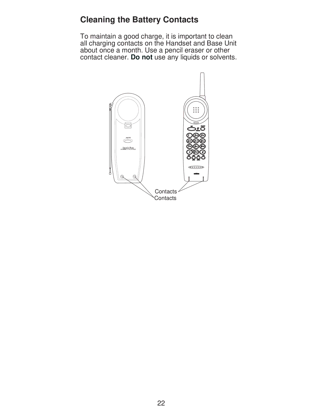 Uniden XC600/700 important safety instructions Cleaning the Battery Contacts 