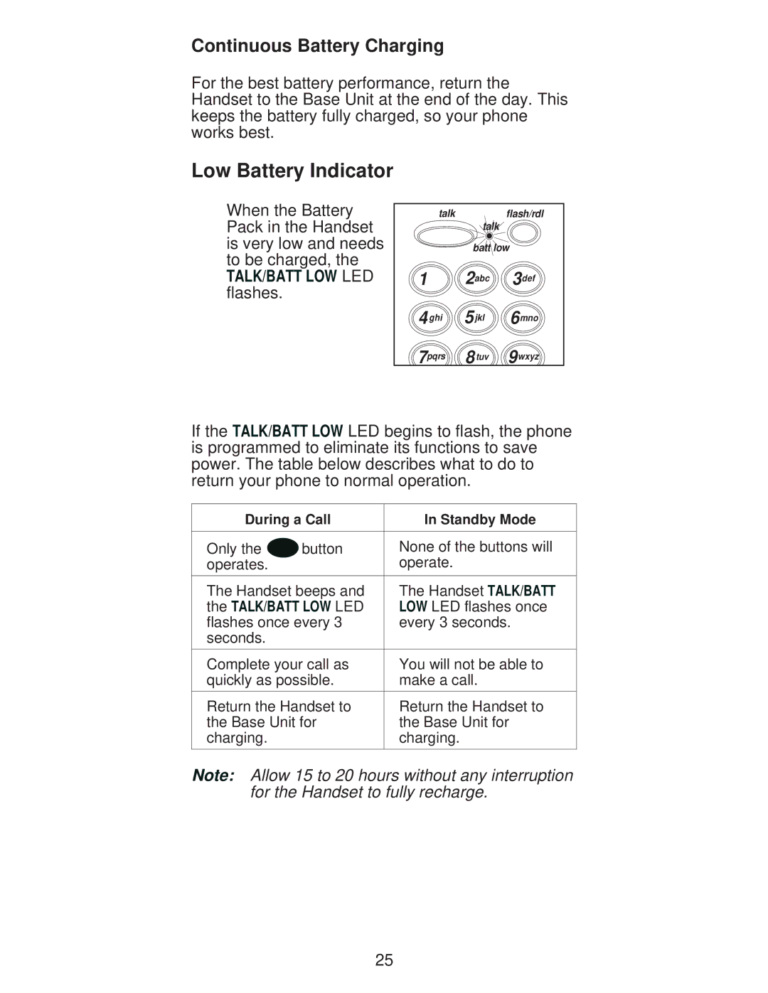 Uniden XC600/700 important safety instructions Low Battery Indicator, Continuous Battery Charging 