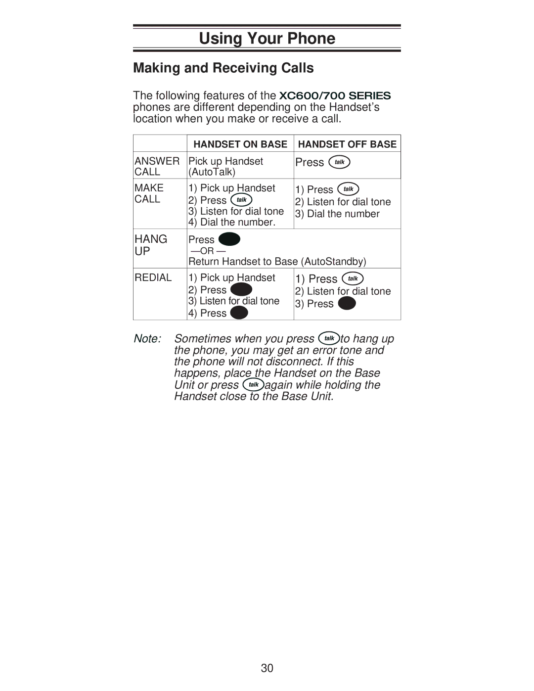 Uniden XC600/700 important safety instructions Using Your Phone, Making and Receiving Calls 