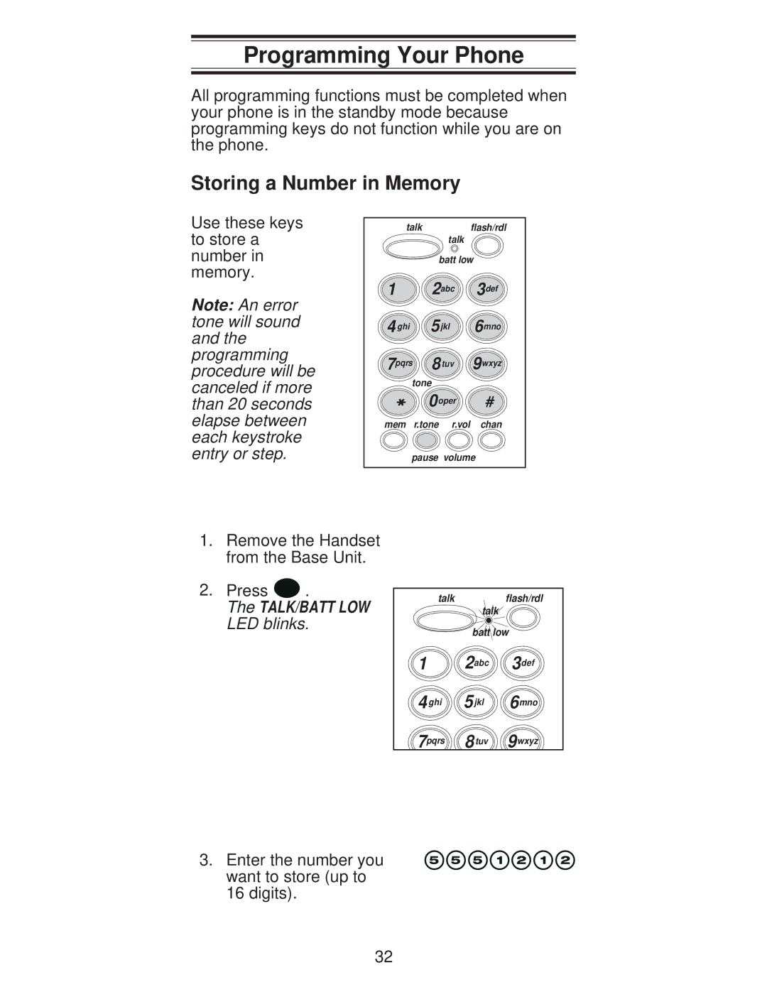 Uniden XC600/700 important safety instructions Programming Your Phone, Storing a Number in Memory 