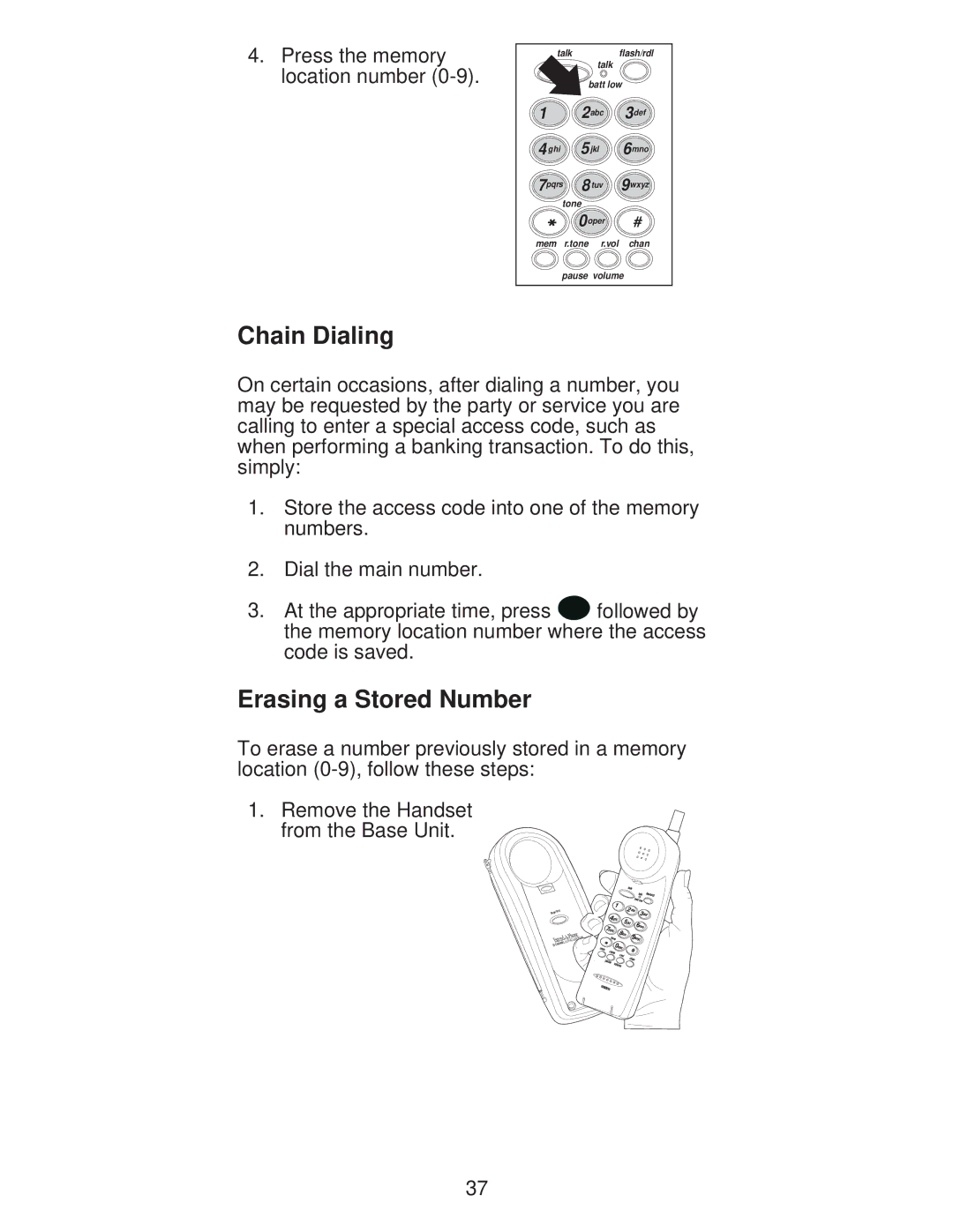 Uniden XC600/700 important safety instructions Chain Dialing, Erasing a Stored Number 