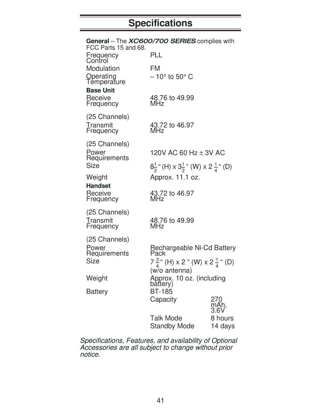 Uniden XC600/700 important safety instructions Specifications, Pll 