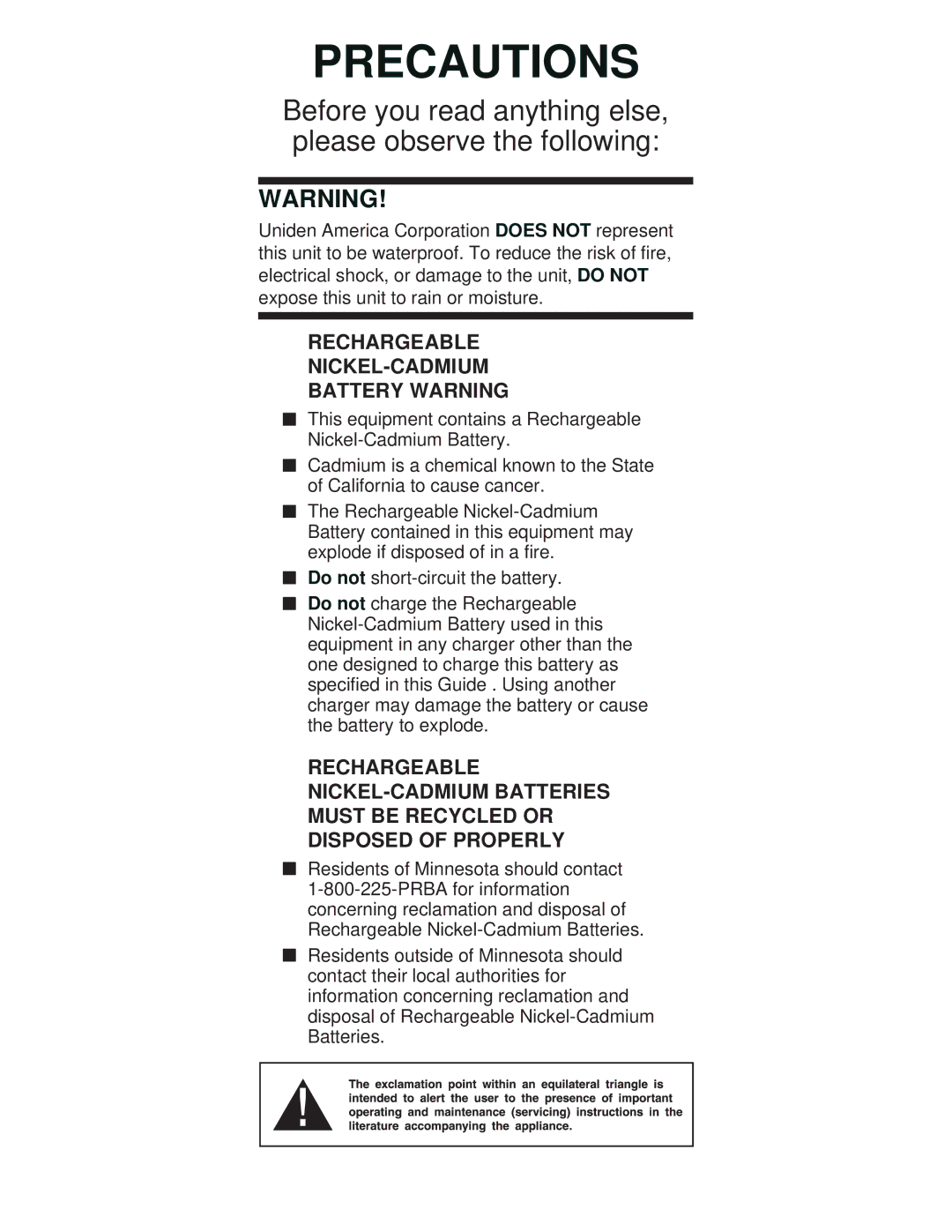 Uniden XC600/700 important safety instructions Precautions 