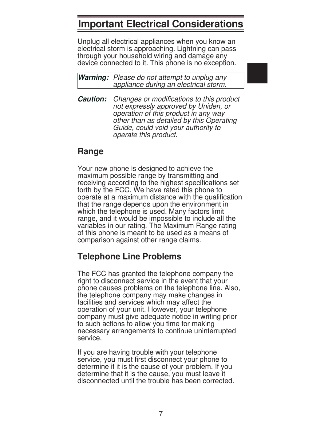 Uniden XC600/700 important safety instructions Important Electrical Considerations, Range, Telephone Line Problems 