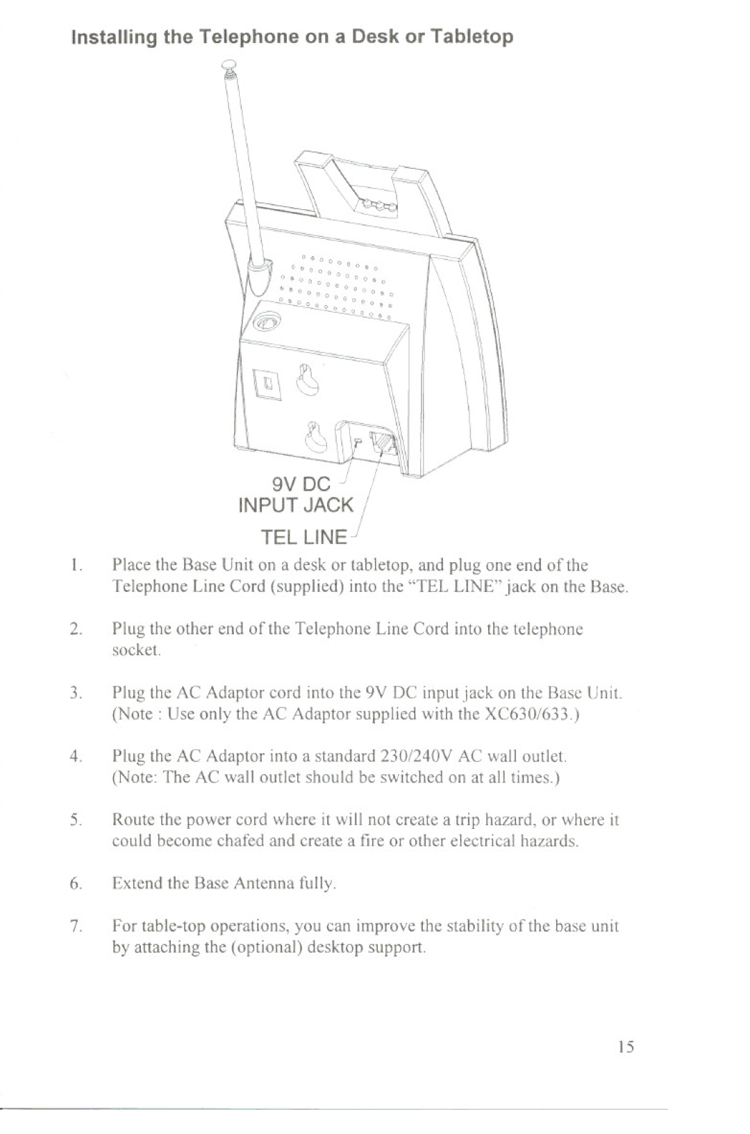 Uniden XC630, XC633 manual Installing the Telephone on a Desk or Tabletop, 9VDC Input Jack 