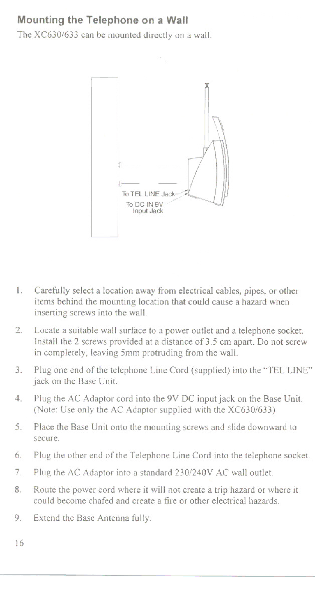 Uniden XC633, XC630 manual Mounting the Telephone on a Wall 