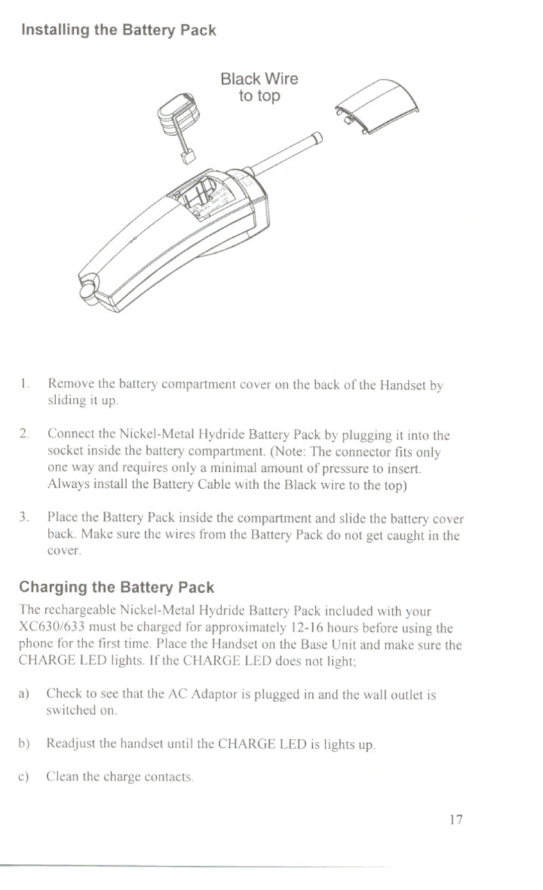 Uniden XC630, XC633 manual Installing the Battery Pack, Black Wire, Charging the Battery Pack 