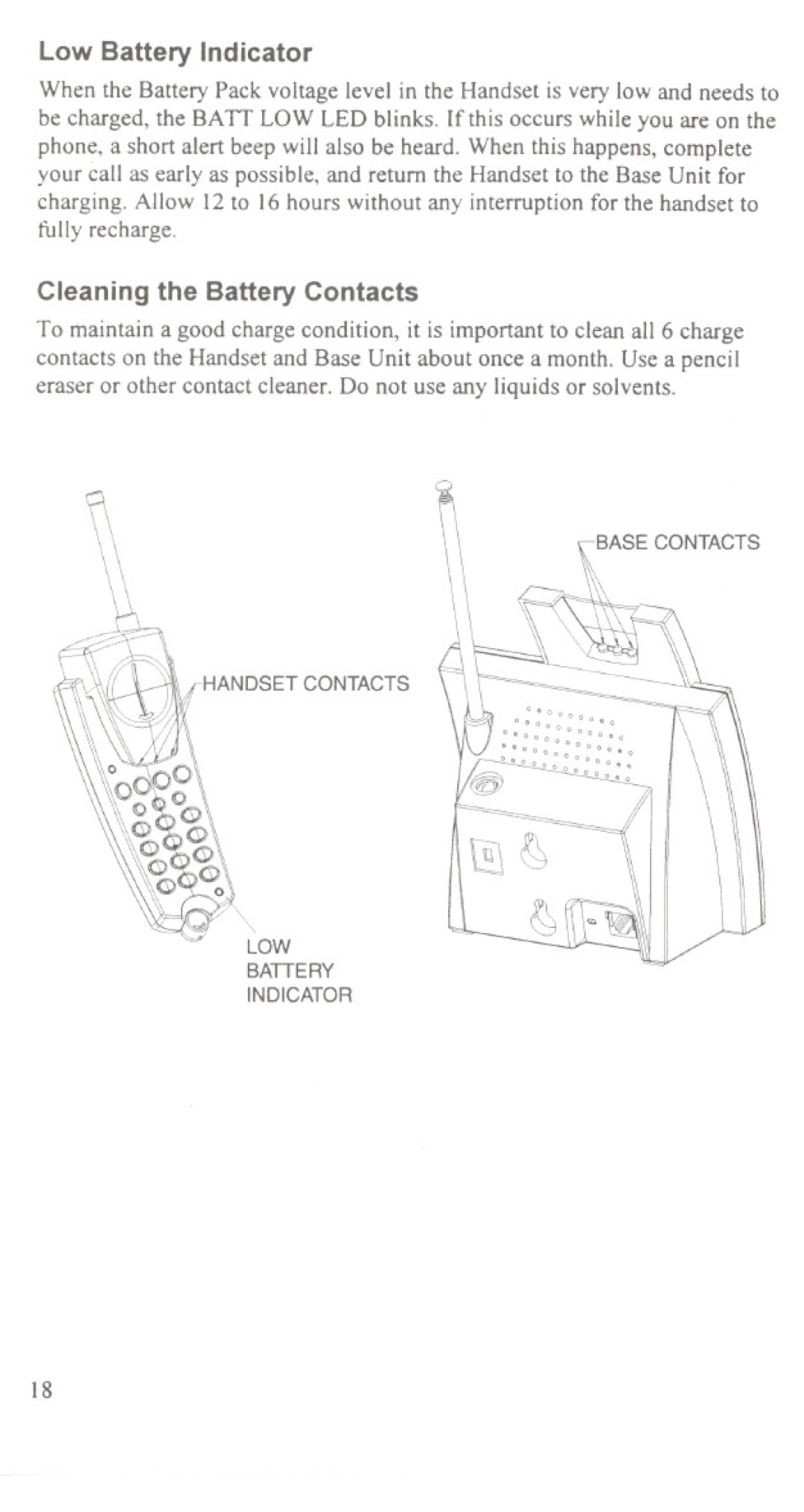 Uniden XC633, XC630 manual Low Battery Indicator, Cleaning the Battery Contacts 