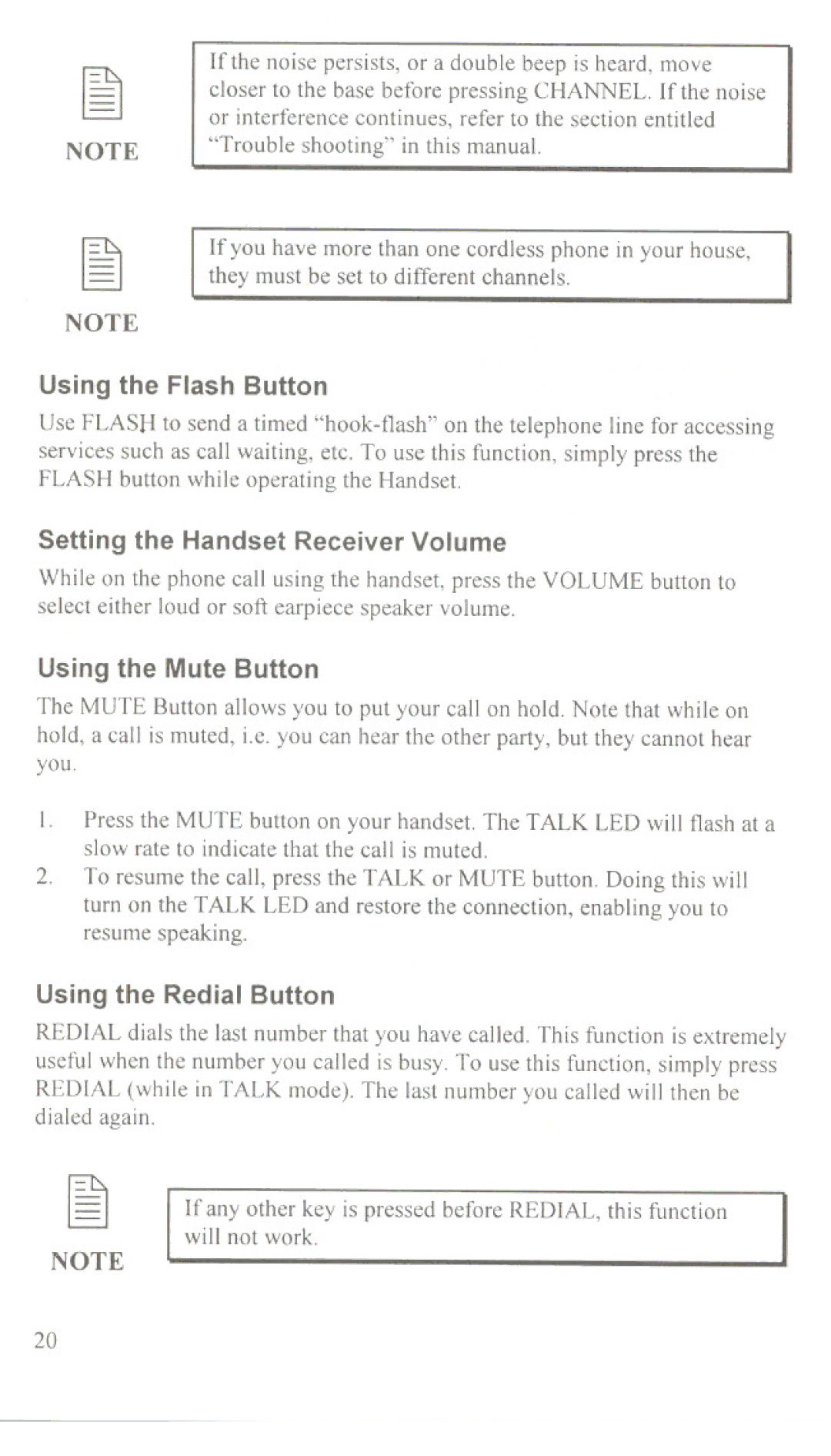 Uniden XC633 Using the Mute Button, Using the Flash Button, Setting the Handset Receiver Volume, Using the Redial Button 