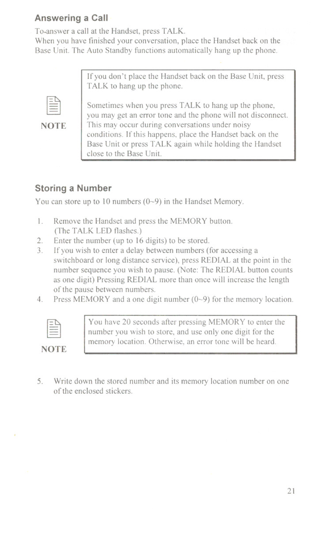 Uniden XC630, XC633 manual Storing a Number, Answering a Call 