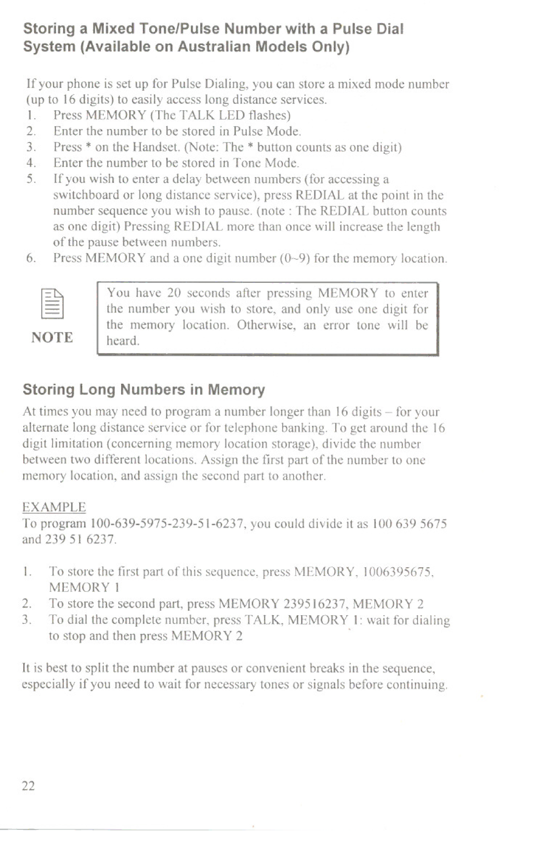 Uniden XC633, XC630 manual Storing Long Numbers in Memory, Example 