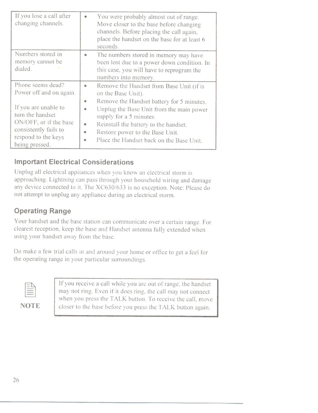 Uniden XC633, XC630 manual Important Electrical Considerations, Operating Range 