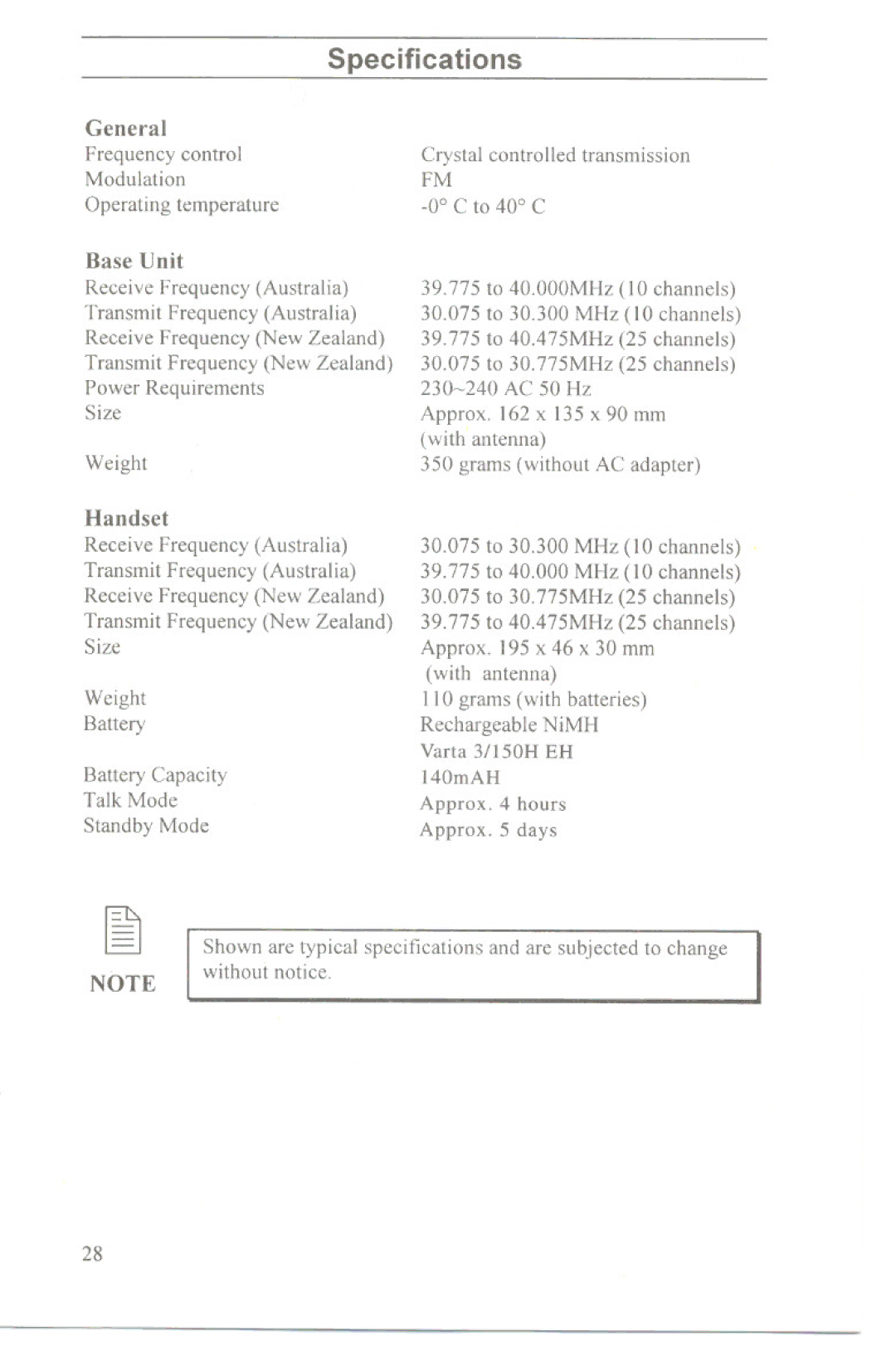 Uniden XC633, XC630 manual Specifications 