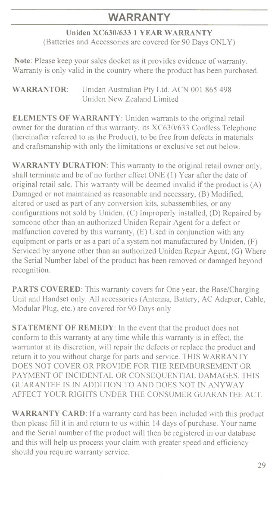 Uniden XC630, XC633 manual Warranty 