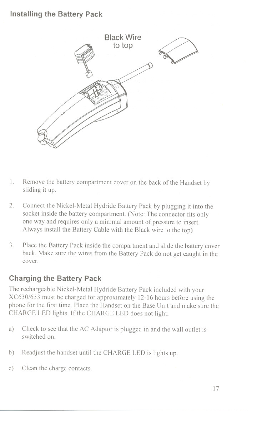 Uniden XC630, XC633 manual to top, Installing the Battery Pack, Black Wire, Charging the Battery Pack 