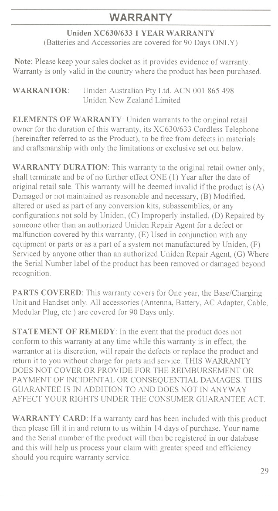 Uniden XC630, XC633 manual Warranty 