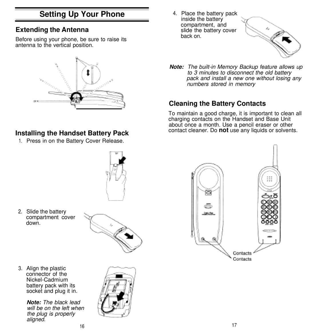 Uniden XC710 Series, XC610 Series Setting Up Your Phone, Extending the Antenna, Installing the Handset Battery Pack 