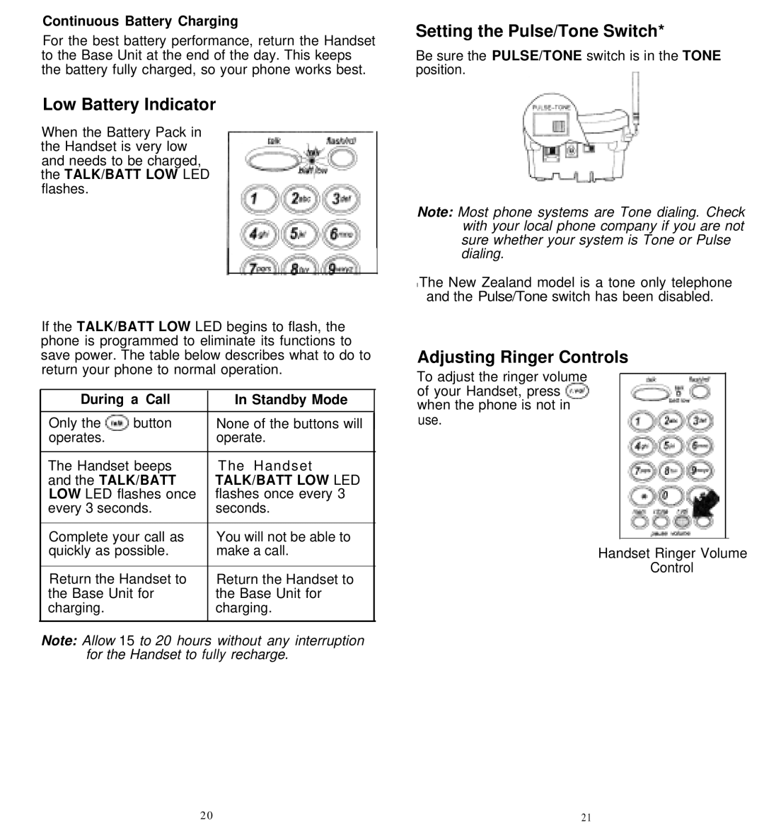 Uniden XC710 Series, XC610 Series manual Low Battery Indicator, Setting the Pulse/Tone Switch, Adjusting Ringer Controls 