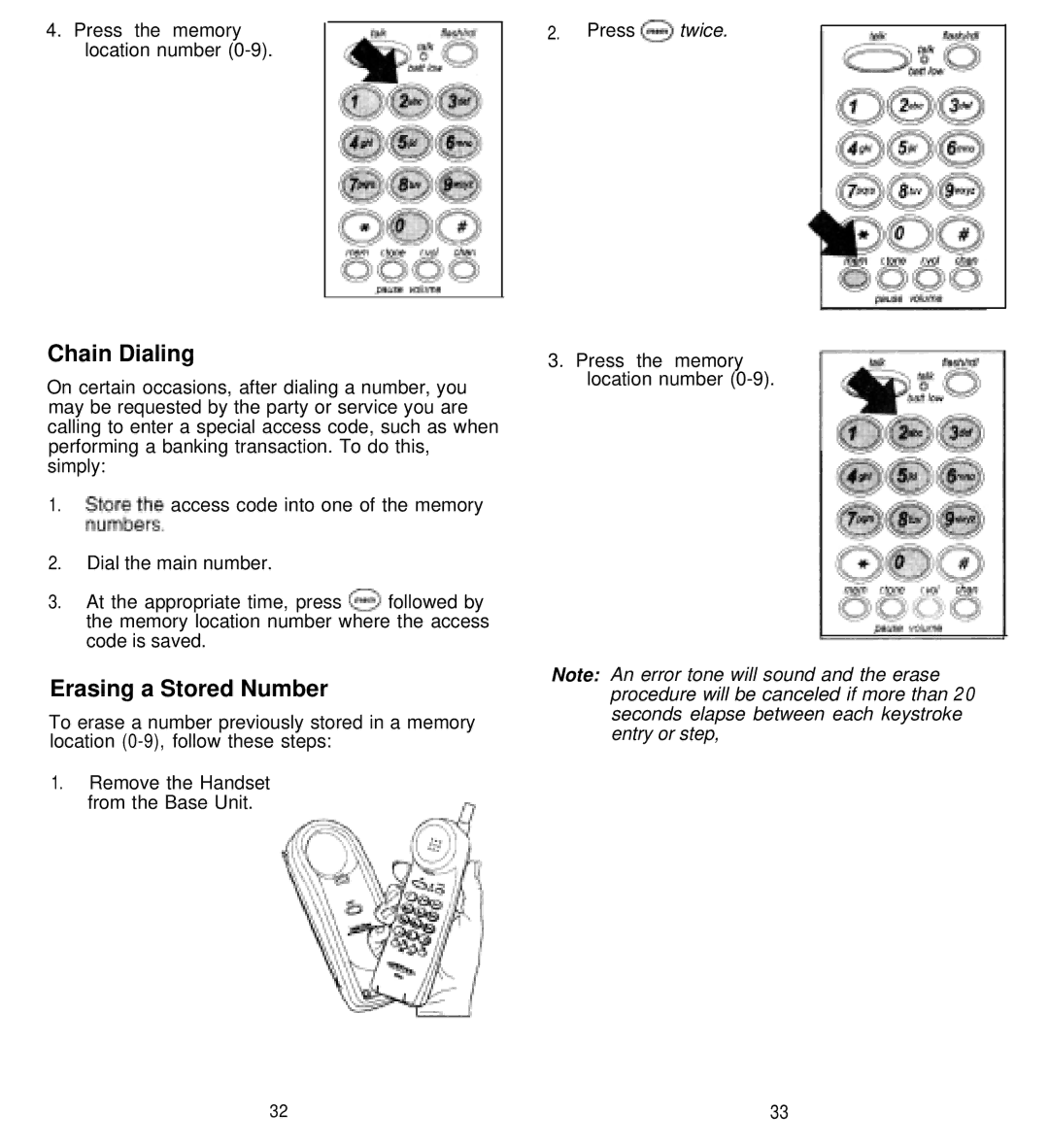 Uniden XC710 Series, XC610 Series manual Chain Dialing, Erasing a Stored Number 