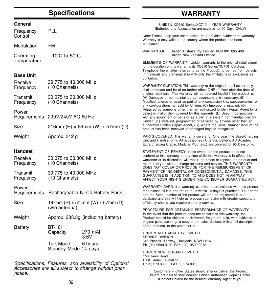 Uniden XC610 Series, XC710 Series manual Specifications, General, Base Unit, Handset 