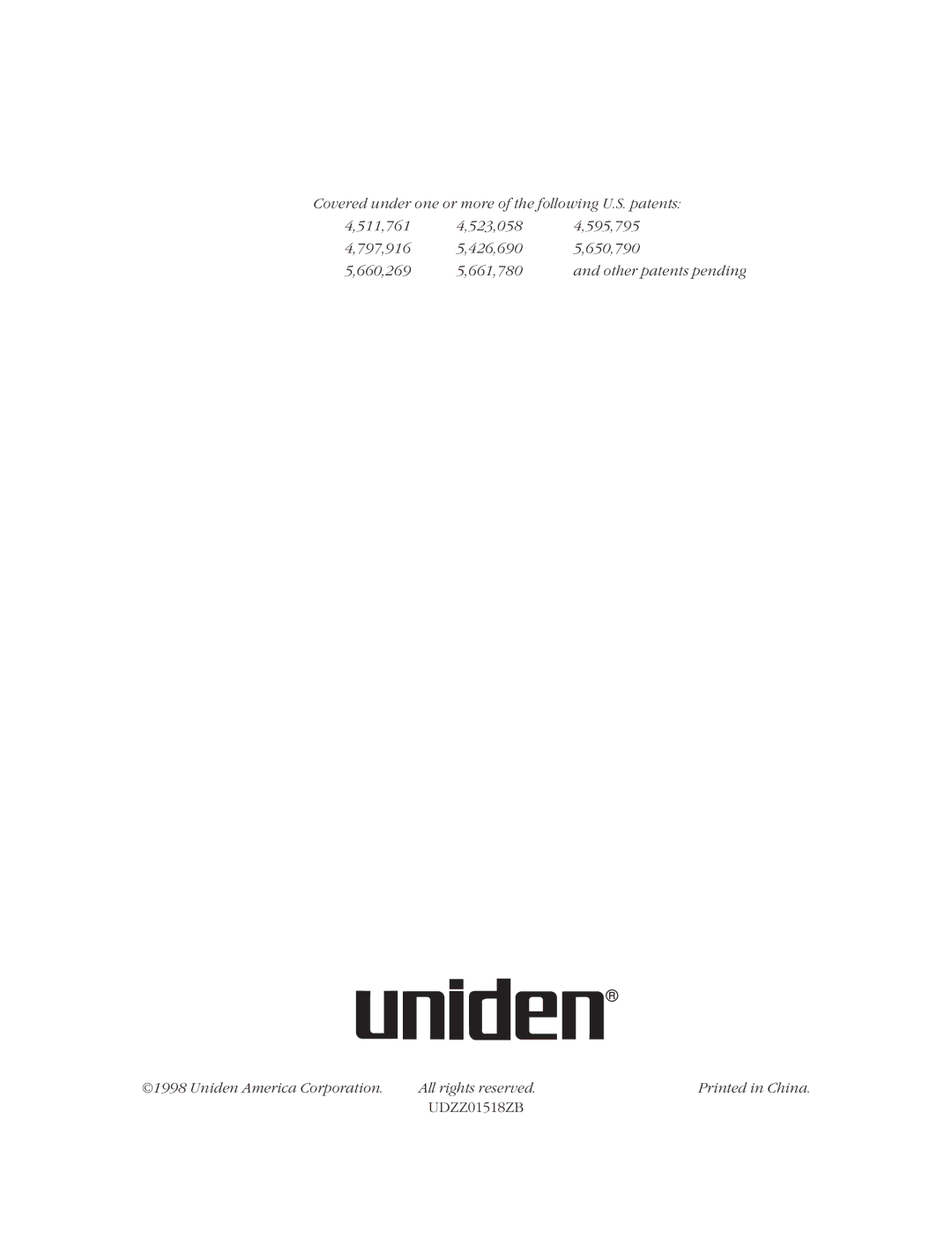 Uniden XC800 manual UDZZ01518ZB 