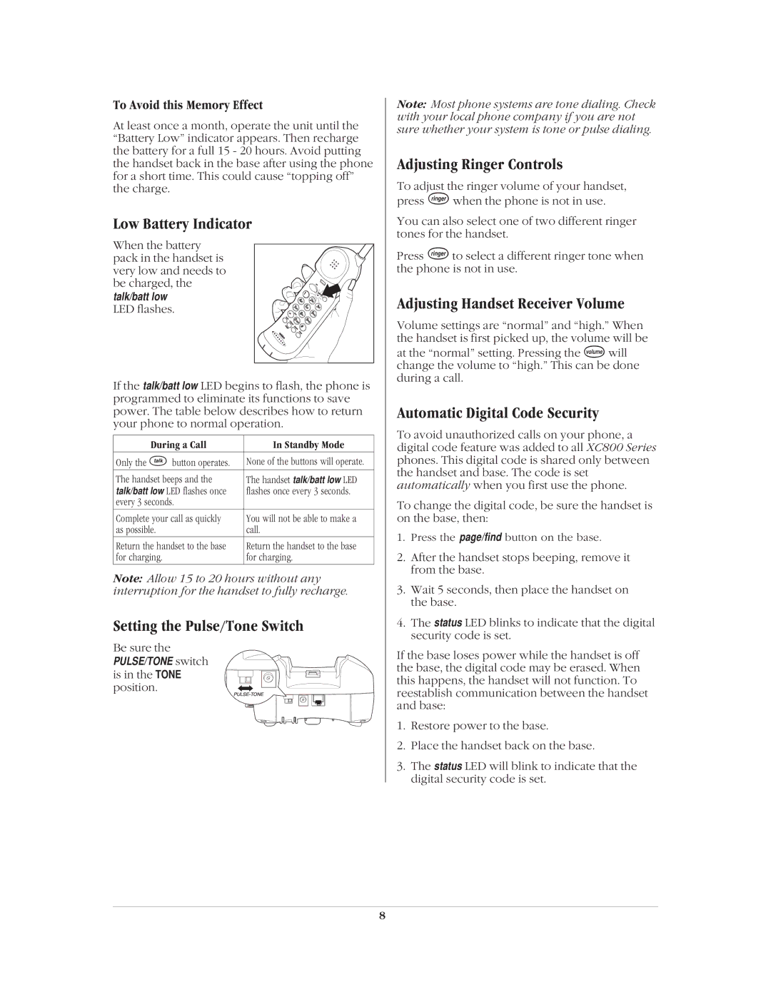 Uniden XC800 manual Low Battery Indicator, Setting the Pulse/Tone Switch, Adjusting Ringer Controls 