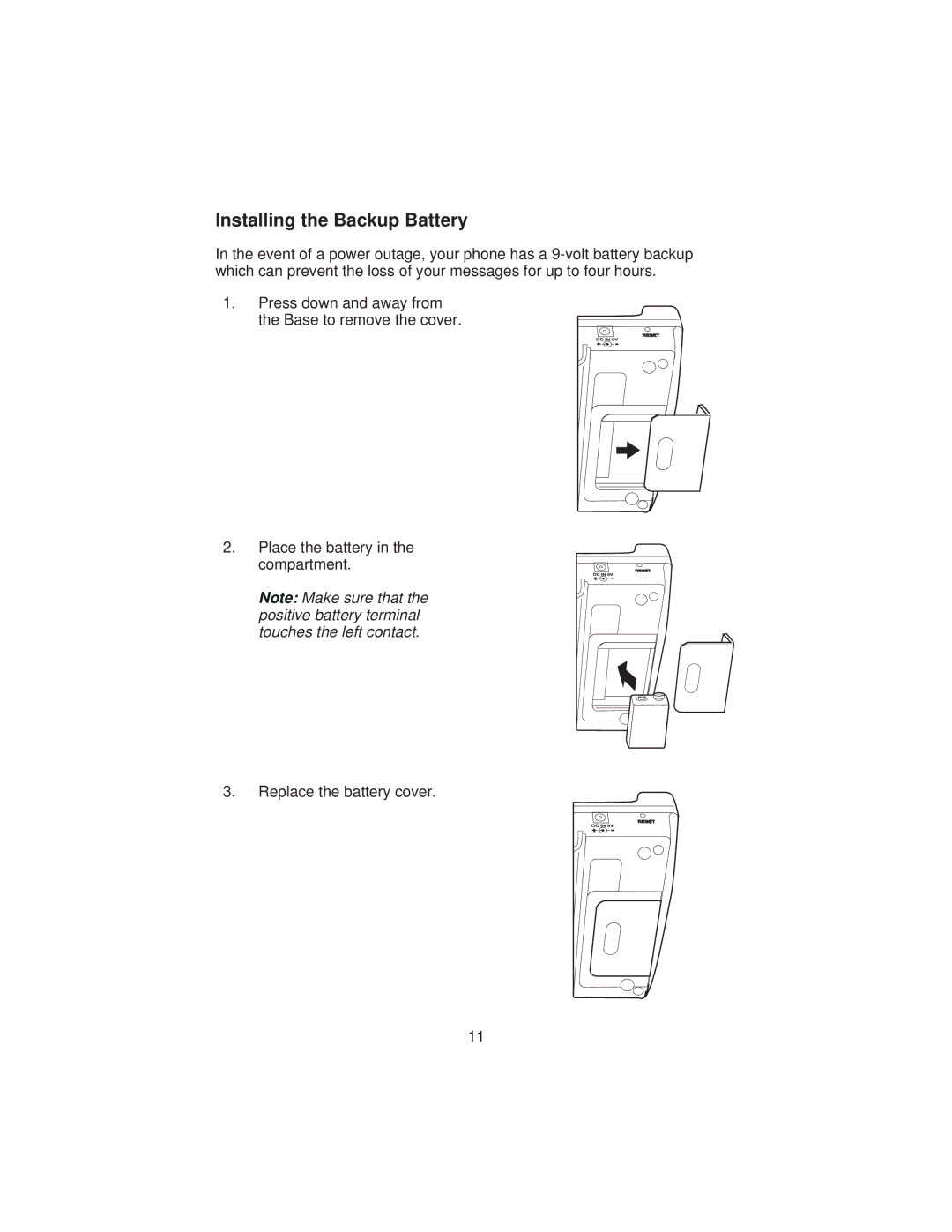 Uniden XCA4500 important safety instructions Installing the Backup Battery 