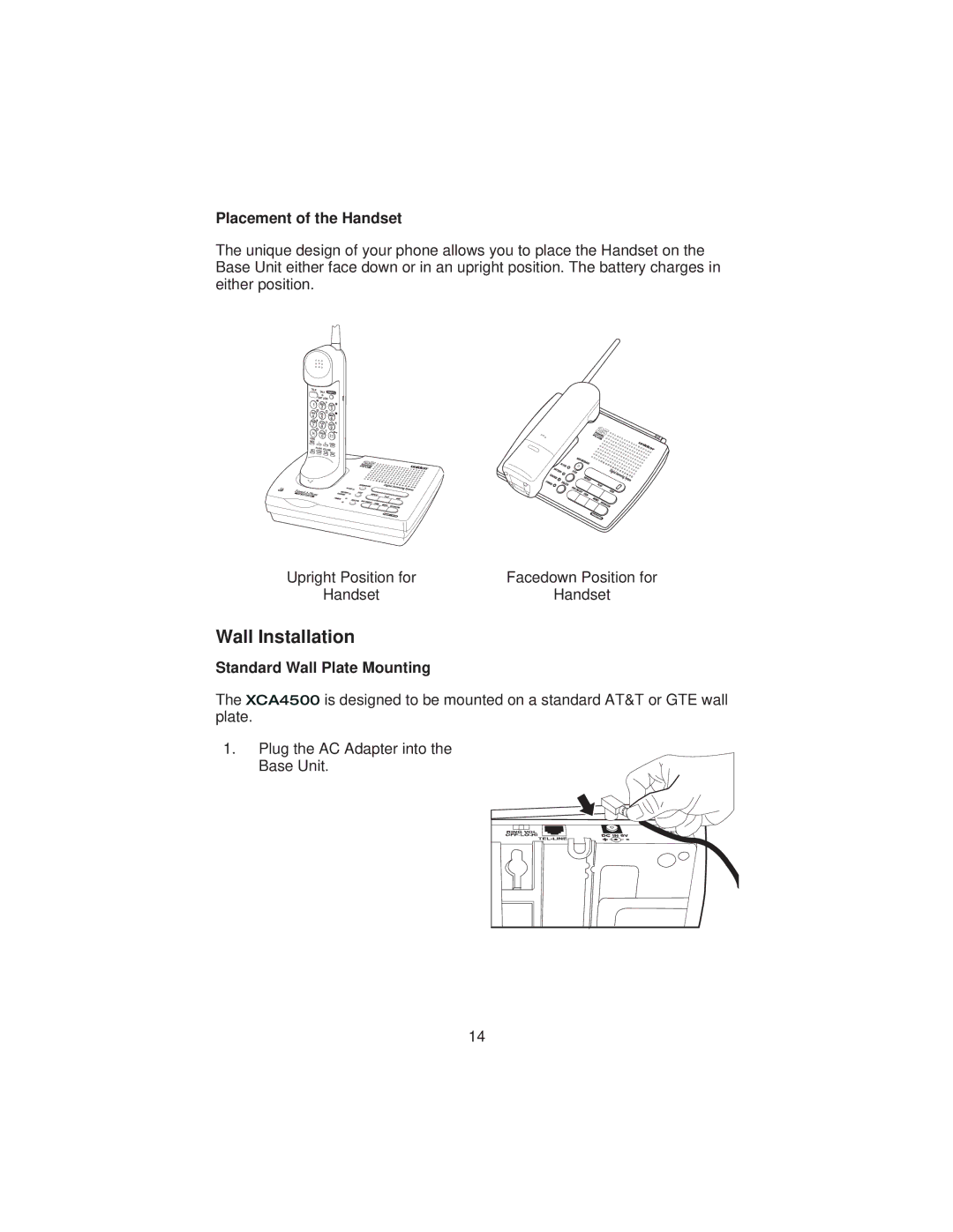 Uniden XCA4500 important safety instructions Wall Installation, Placement of the Handset, Standard Wall Plate Mounting 