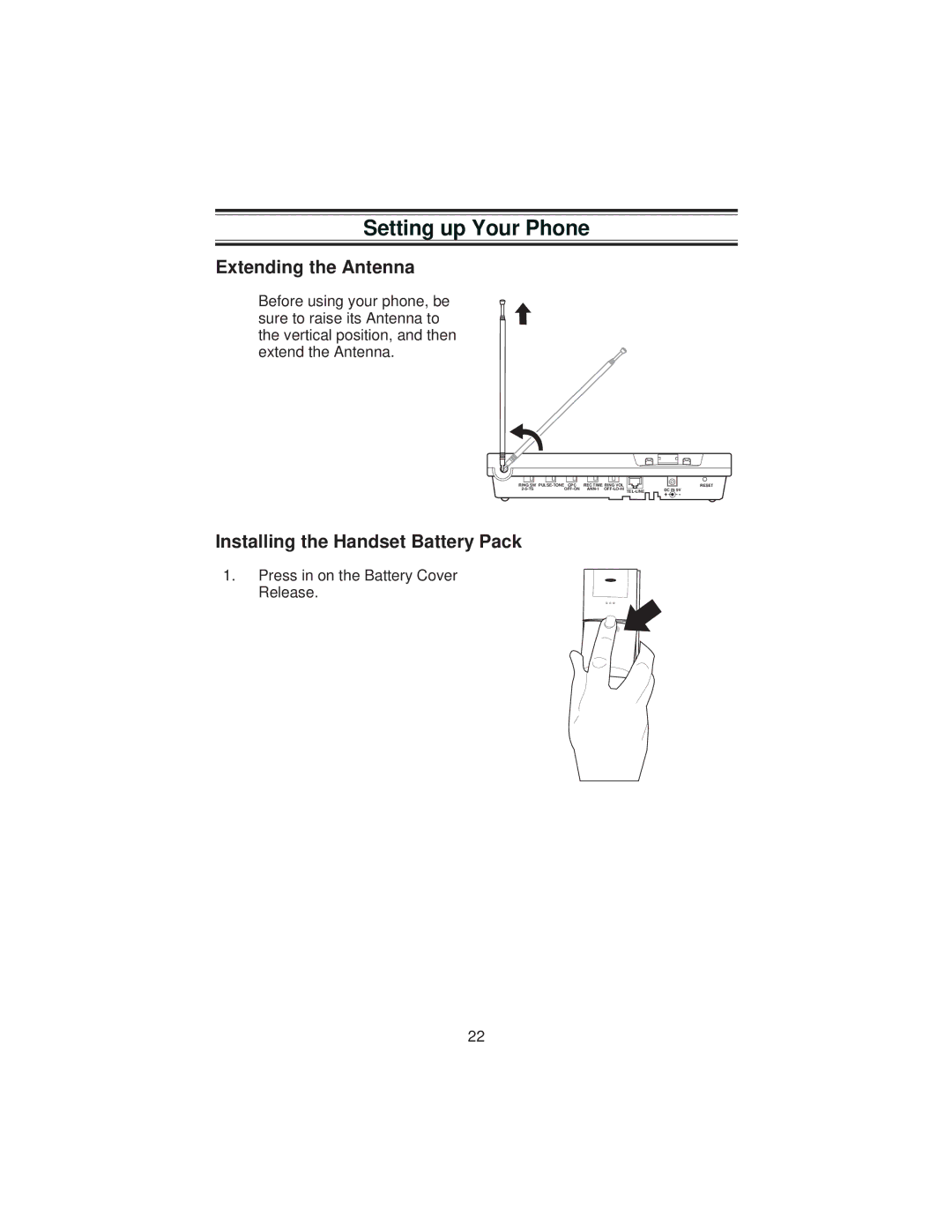 Uniden XCA4500 Setting up Your Phone, Extending the Antenna, Installing the Handset Battery Pack 