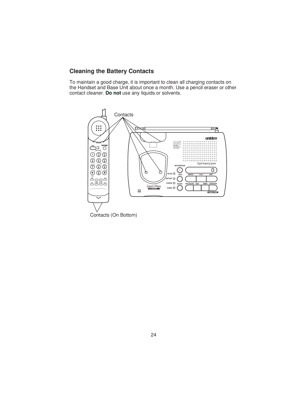 Uniden XCA4500 important safety instructions Cleaning the Battery Contacts 