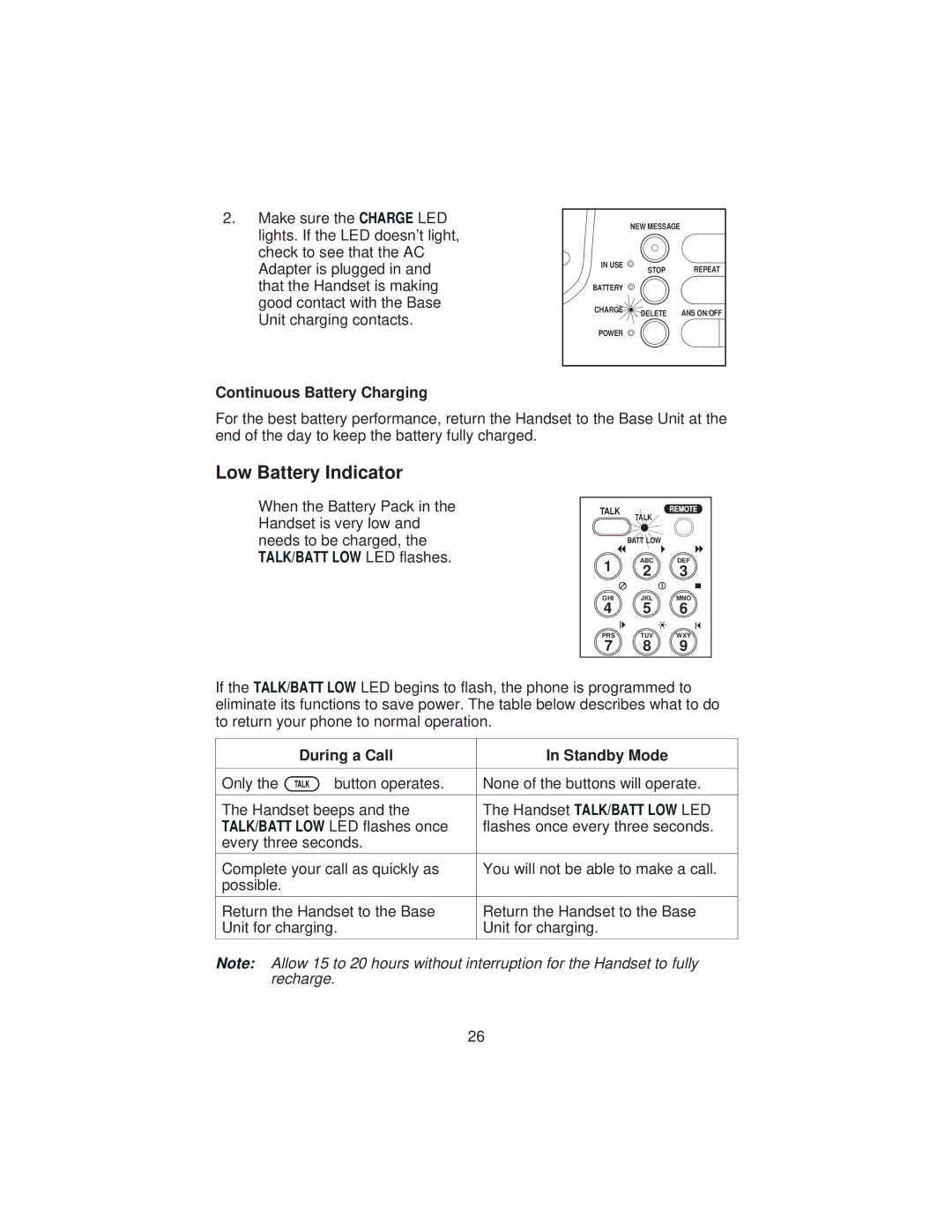 Uniden XCA4500 important safety instructions Low Battery Indicator, Continuous Battery Charging, During a Call Standby Mode 