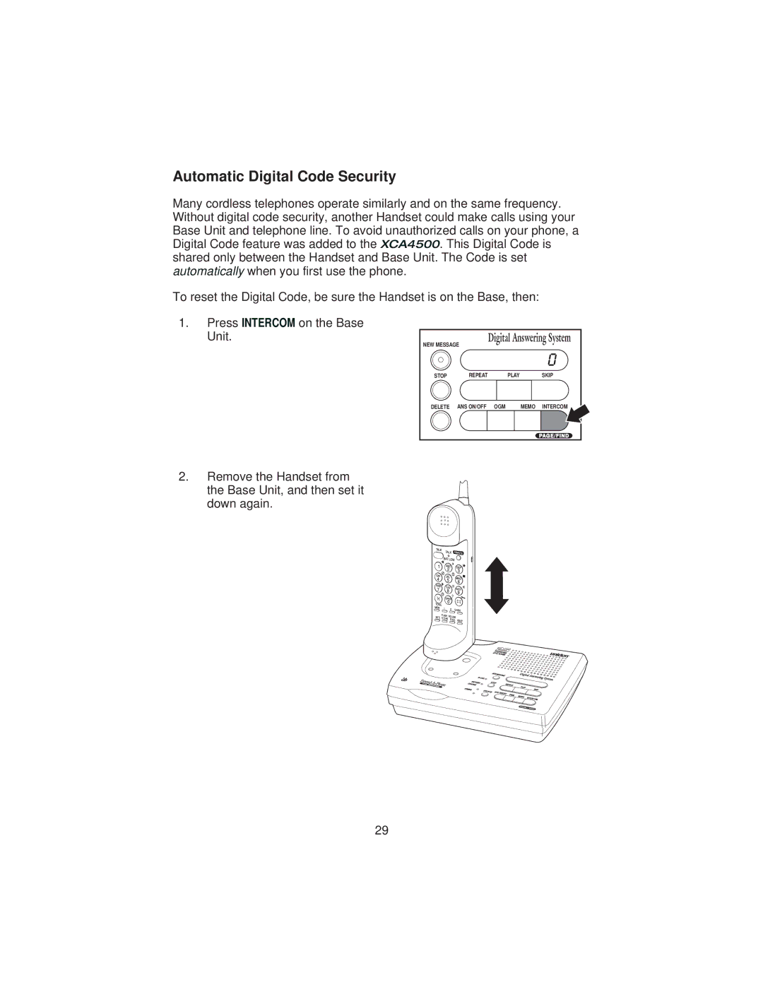 Uniden XCA4500 important safety instructions Automatic Digital Code Security 