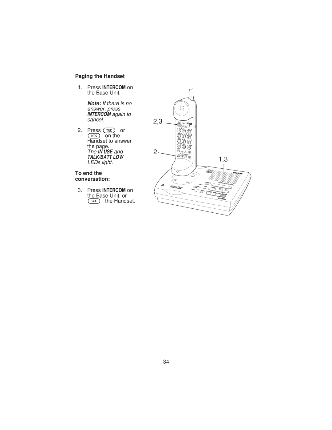 Uniden XCA4500 important safety instructions Paging the Handset Press Intercom on the Base Unit 