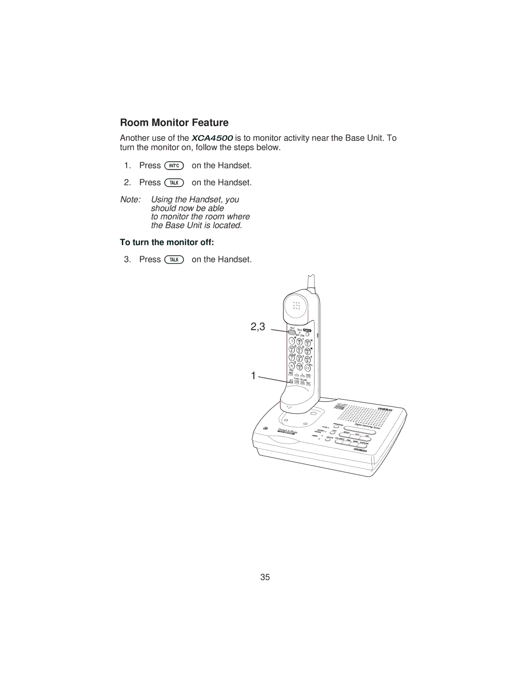 Uniden XCA4500 important safety instructions Room Monitor Feature, To turn the monitor off 