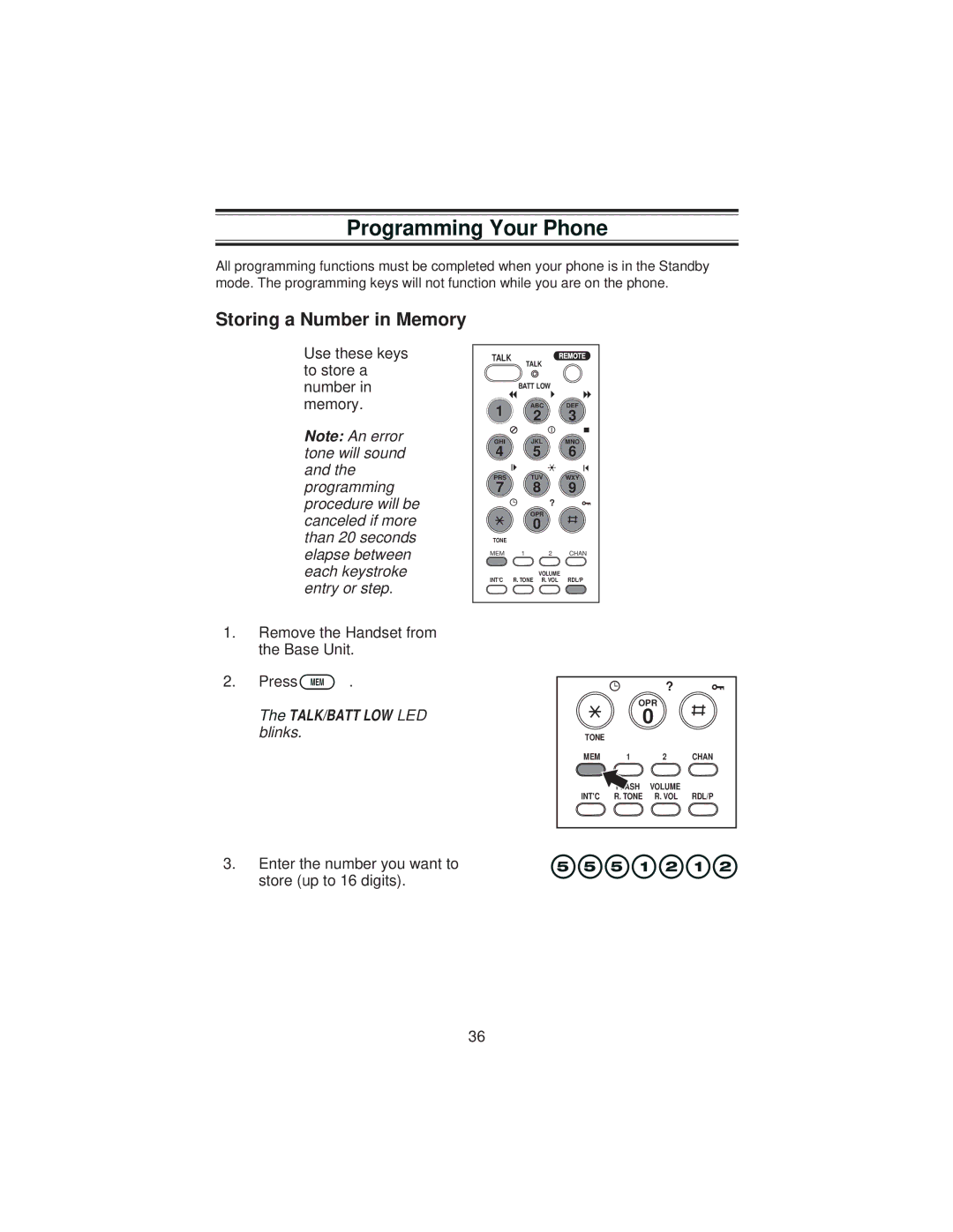 Uniden XCA4500 important safety instructions Programming Your Phone, Storing a Number in Memory 