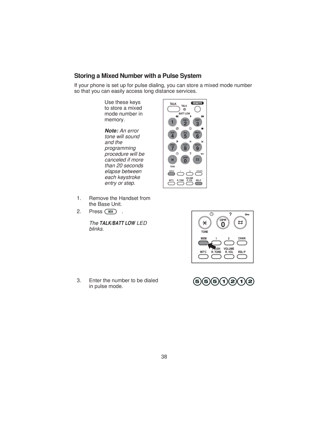 Uniden XCA4500 important safety instructions Storing a Mixed Number with a Pulse System 