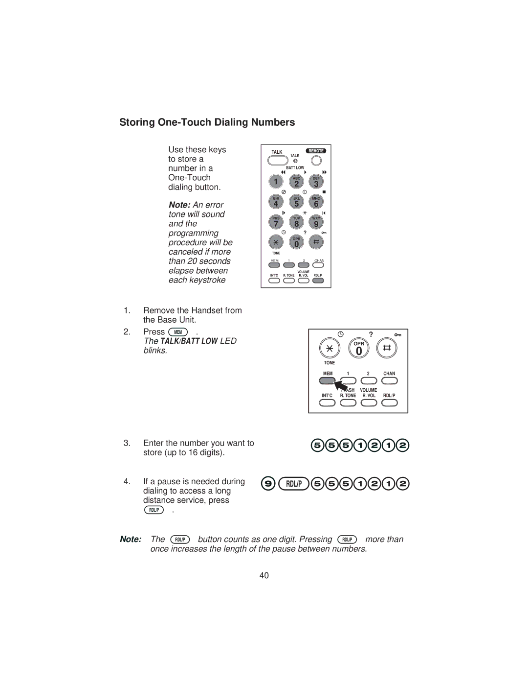 Uniden XCA4500 important safety instructions Storing One-Touch Dialing Numbers, Press M 