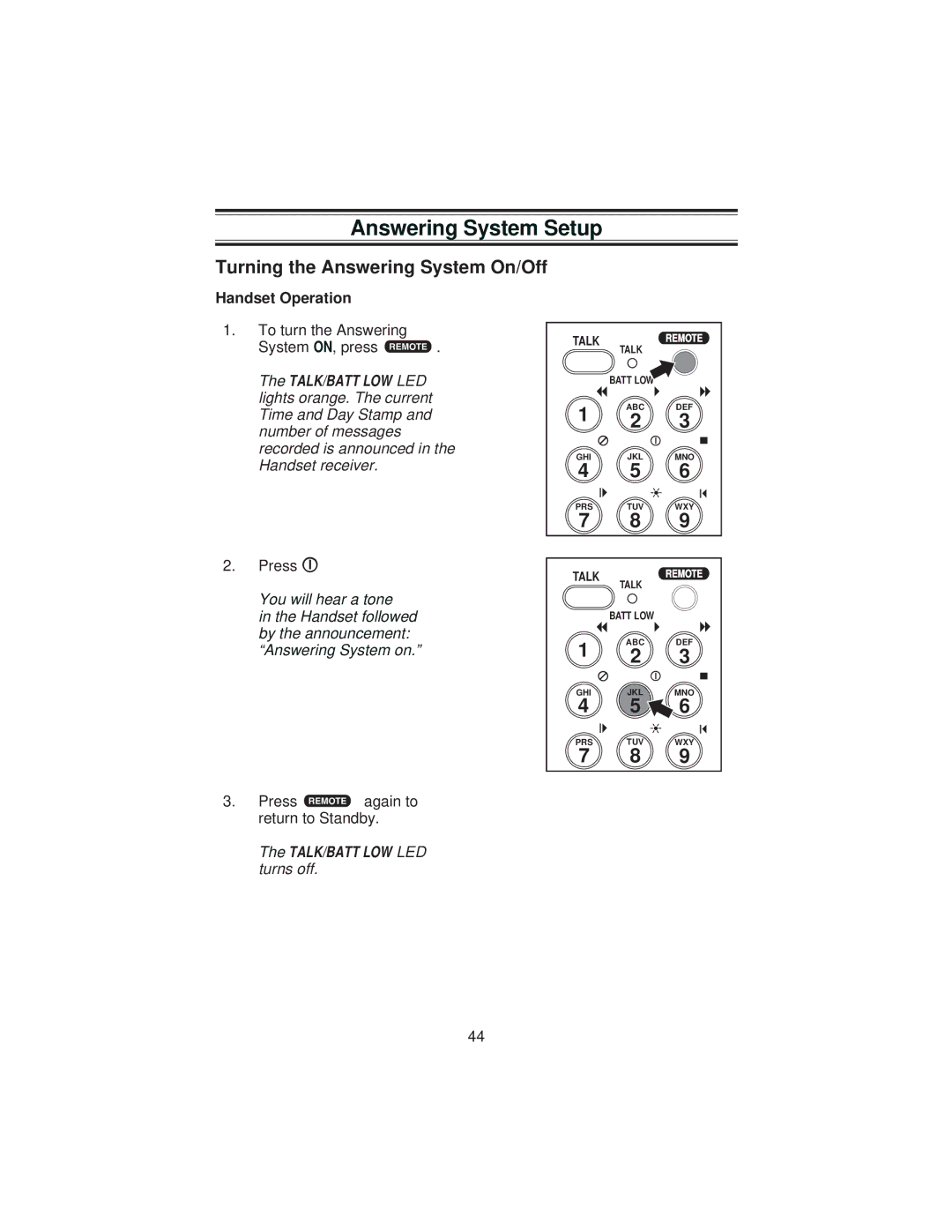 Uniden XCA4500 important safety instructions Answering System Setup, Turning the Answering System On/Off, Handset Operation 