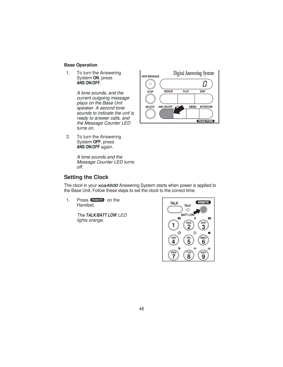 Uniden XCA4500 important safety instructions Setting the Clock, Base Operation, Press Handset. r on 