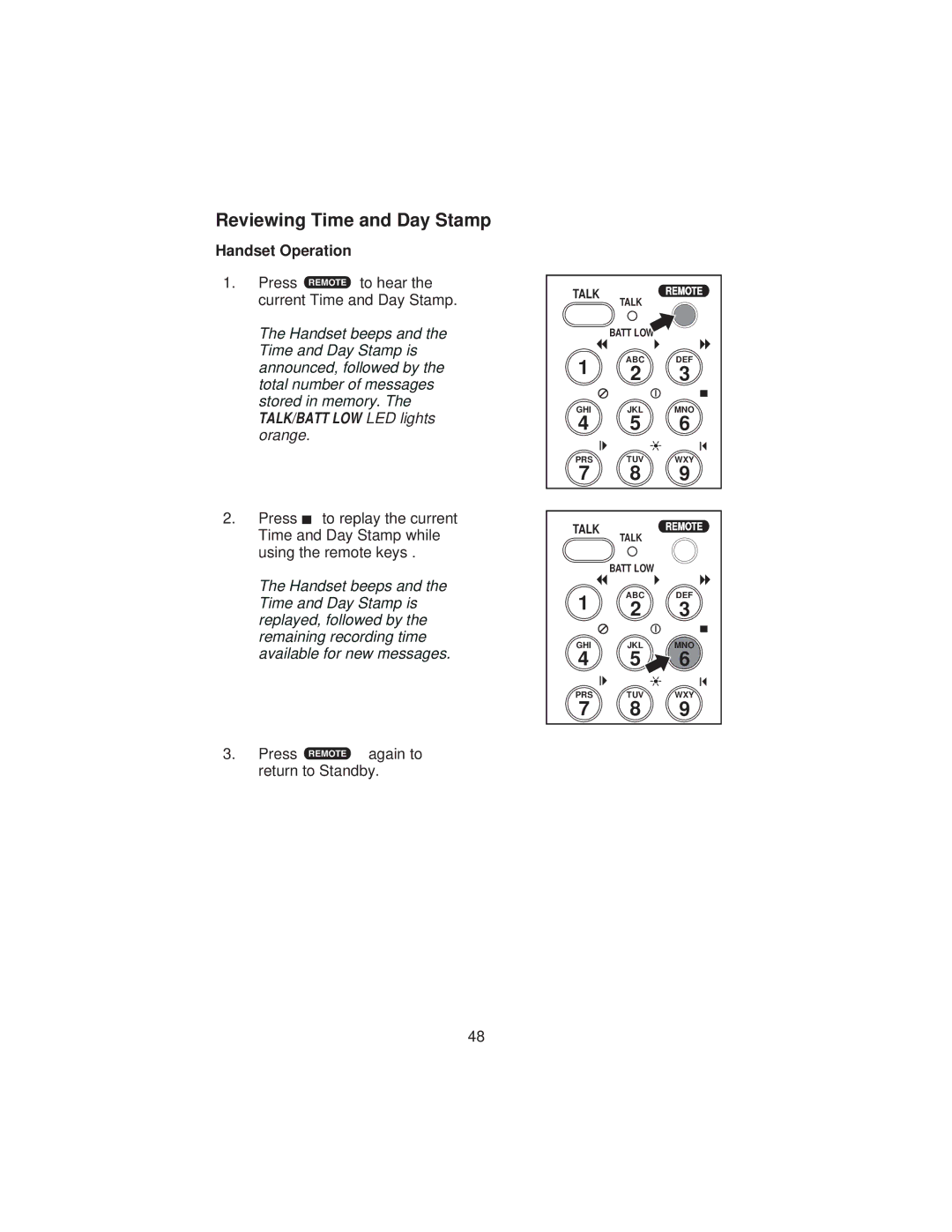 Uniden XCA4500 important safety instructions Reviewing Time and Day Stamp, Handset Operation 