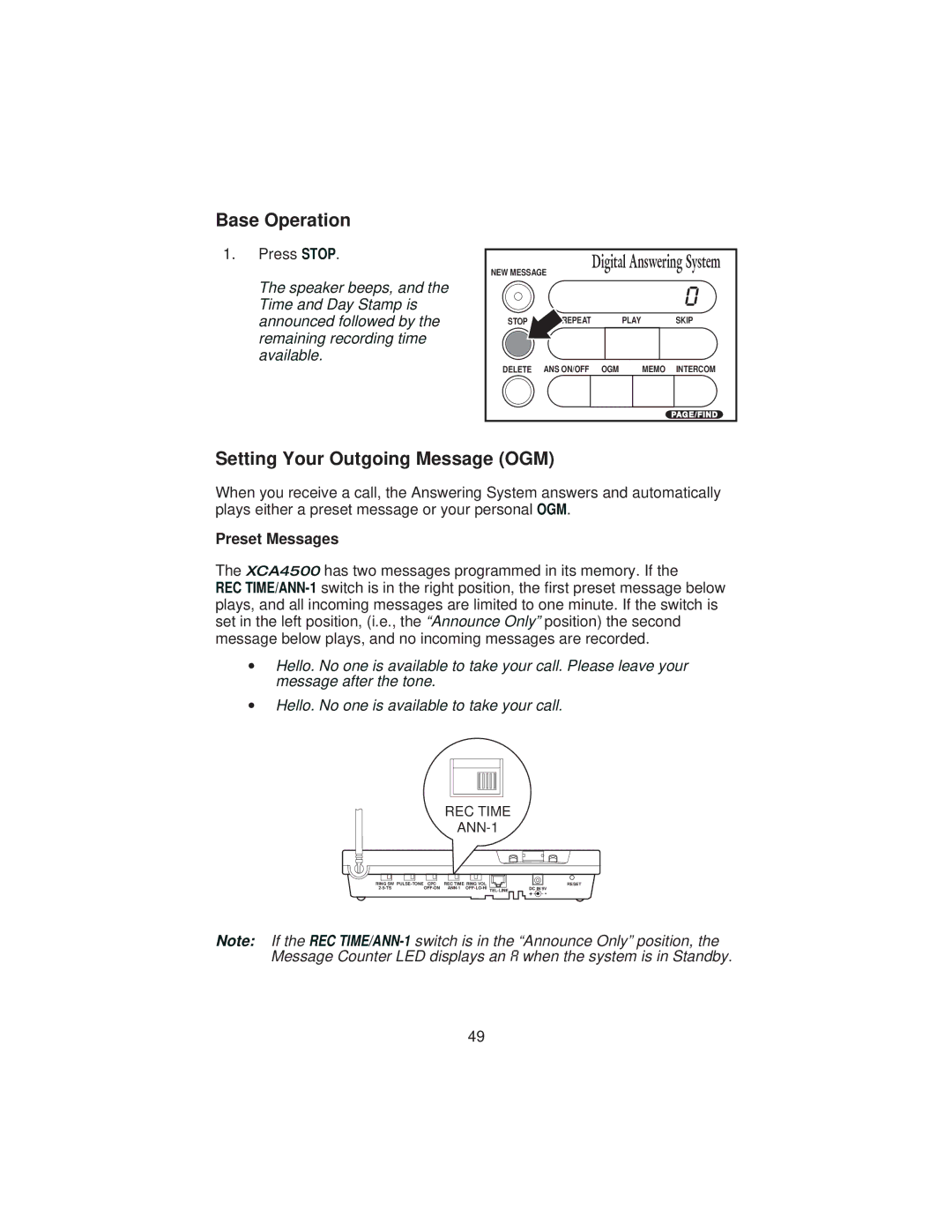 Uniden XCA4500 important safety instructions Base Operation, Setting Your Outgoing Message OGM, Preset Messages 