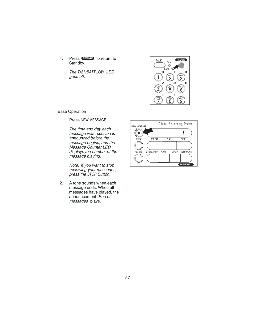 Uniden XCA4500 important safety instructions TALK/BATT LOW LED goes off, Base Operation Press NEW Message 