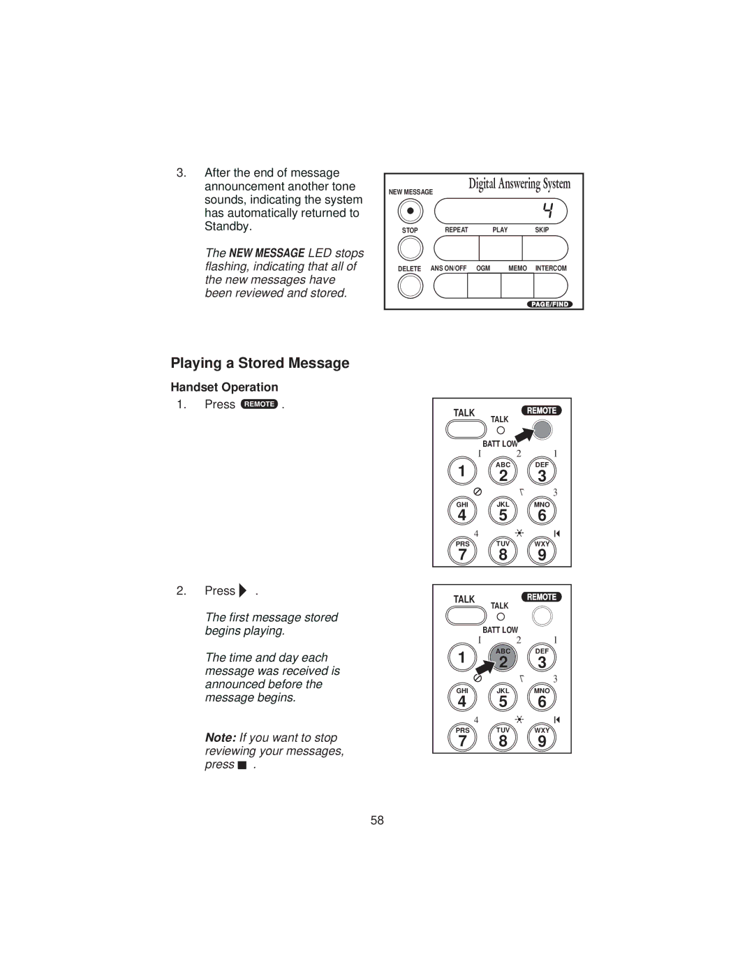 Uniden XCA4500 important safety instructions Playing a Stored Message 